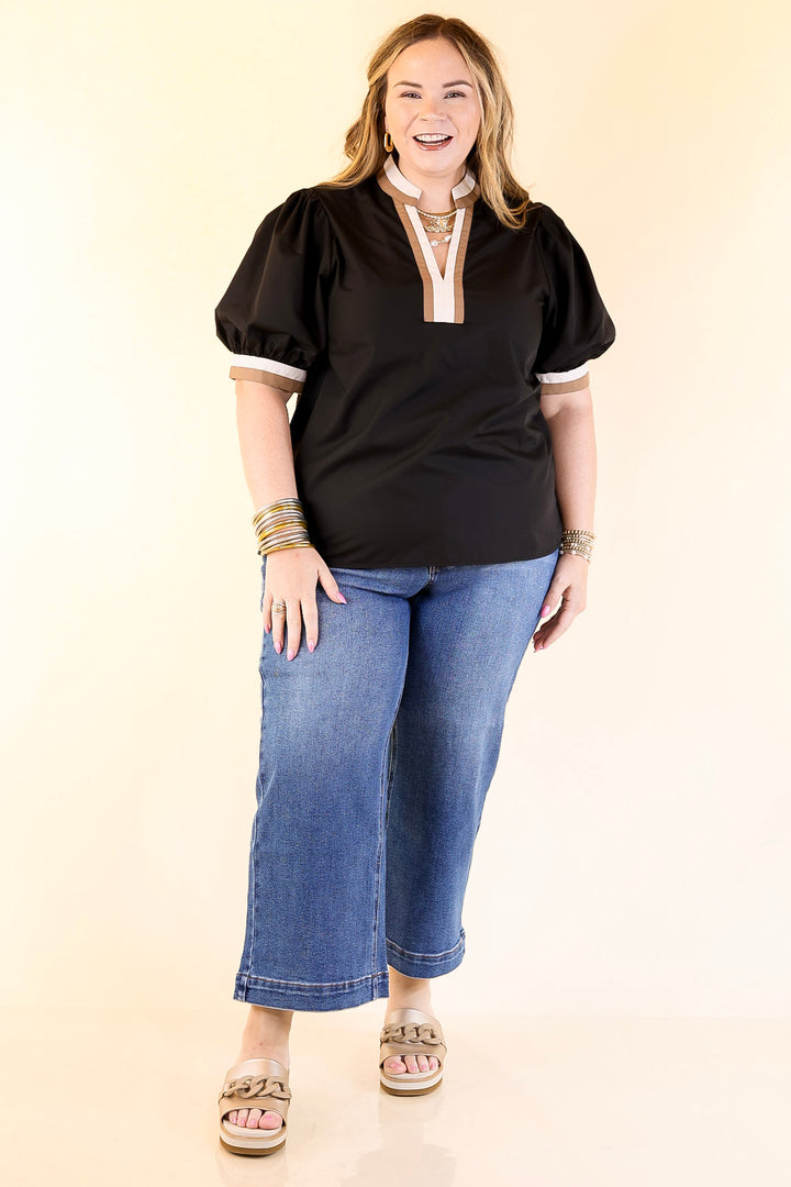 Standout Style V Neck Top with Short Balloon Sleeves and Natural Color Trim in Black