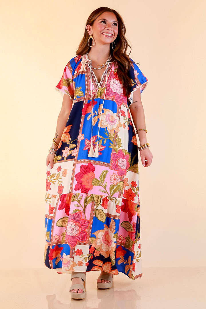 Patchwork Poise Floral Patchwork Print Midi Dress with Tassel Tie Neckline and Flutter Sleeves in Blue Mix