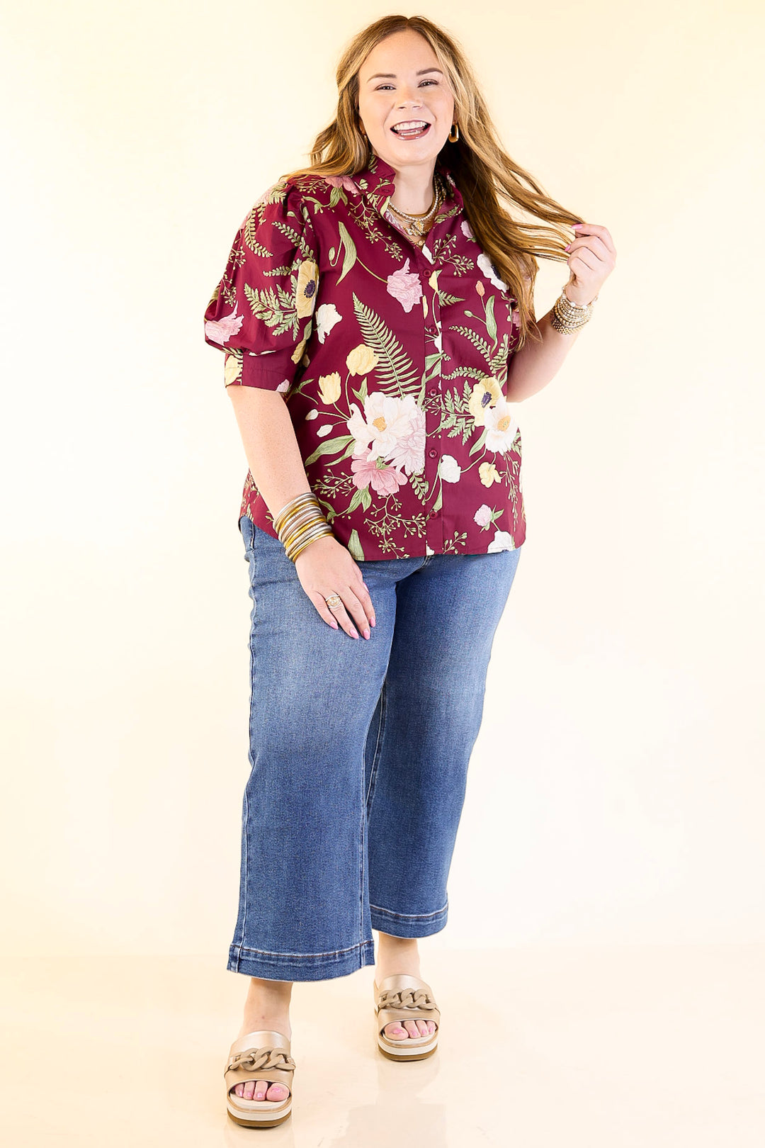 First Glance Button Up Puff Sleeve Floral Print Top in Maroon