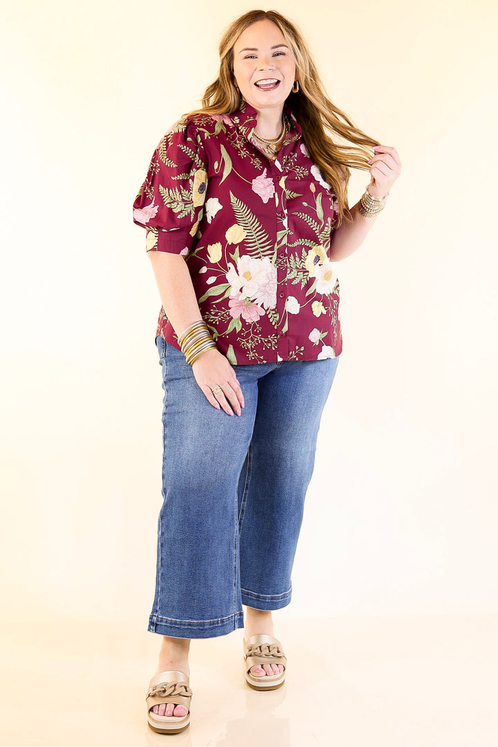 First Glance Button Up Puff Sleeve Floral Print Top in Maroon
