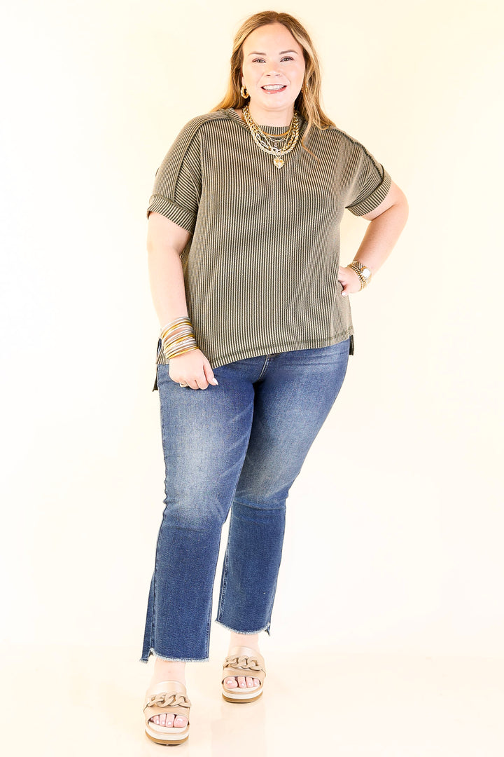 Daily Perfection Scoop Neck Short Sleeve Ribbed Top in Olive Green