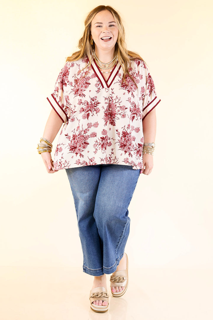 Chic Rewind V Neck Placket Floral French Toile Short Sleeve Top in Maroon and Ivory