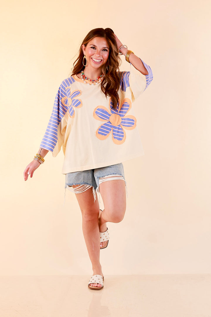Bloom in Color Floral and Stripe Print Relaxed Short Sleeve Top with Contrast Sleeves in Cream