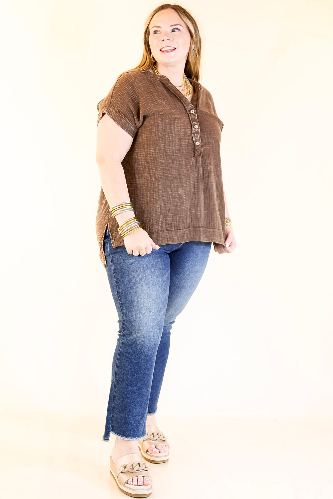 Simple Statement Quarter Button Up Short Drop Sleeve Shirt in Brown