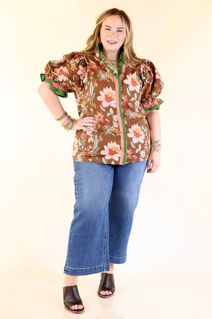 Endless Elegance Ruffled V Neck Floral Print Top in Brown, Mauve and Green