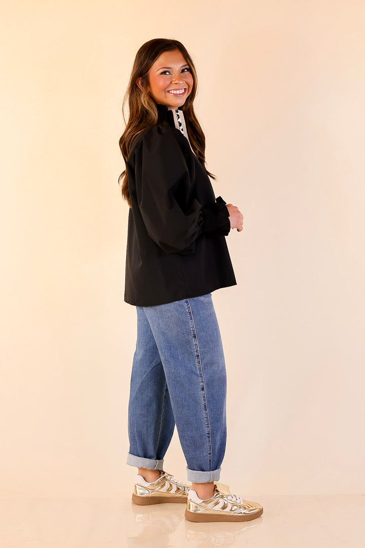 Trimmed in Style Puff Long Sleeve Blouse with Contrast Leopard Trim and Ruffle in Black