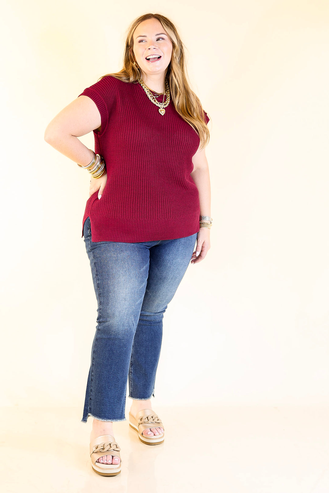 Style Refresh Drop Shoulder Short Sleeve Knit Sweater Top in Maroon