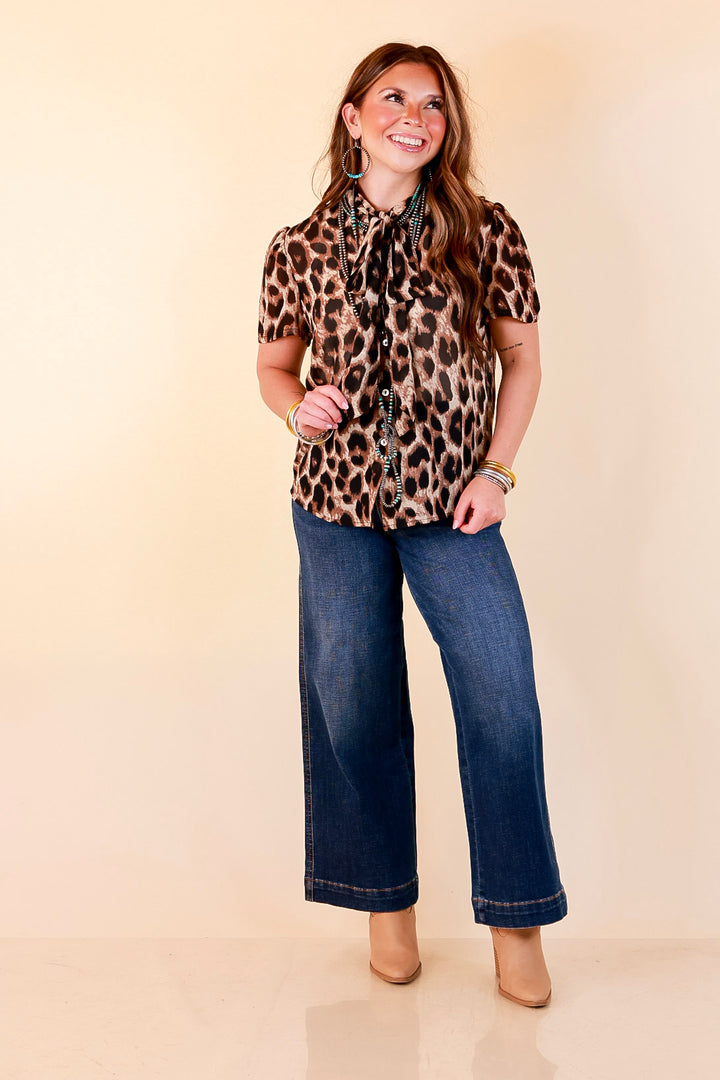 Wild at Heart Bowtie Button Up Mesh Blouse Top with Statement Tie in Leopard Print