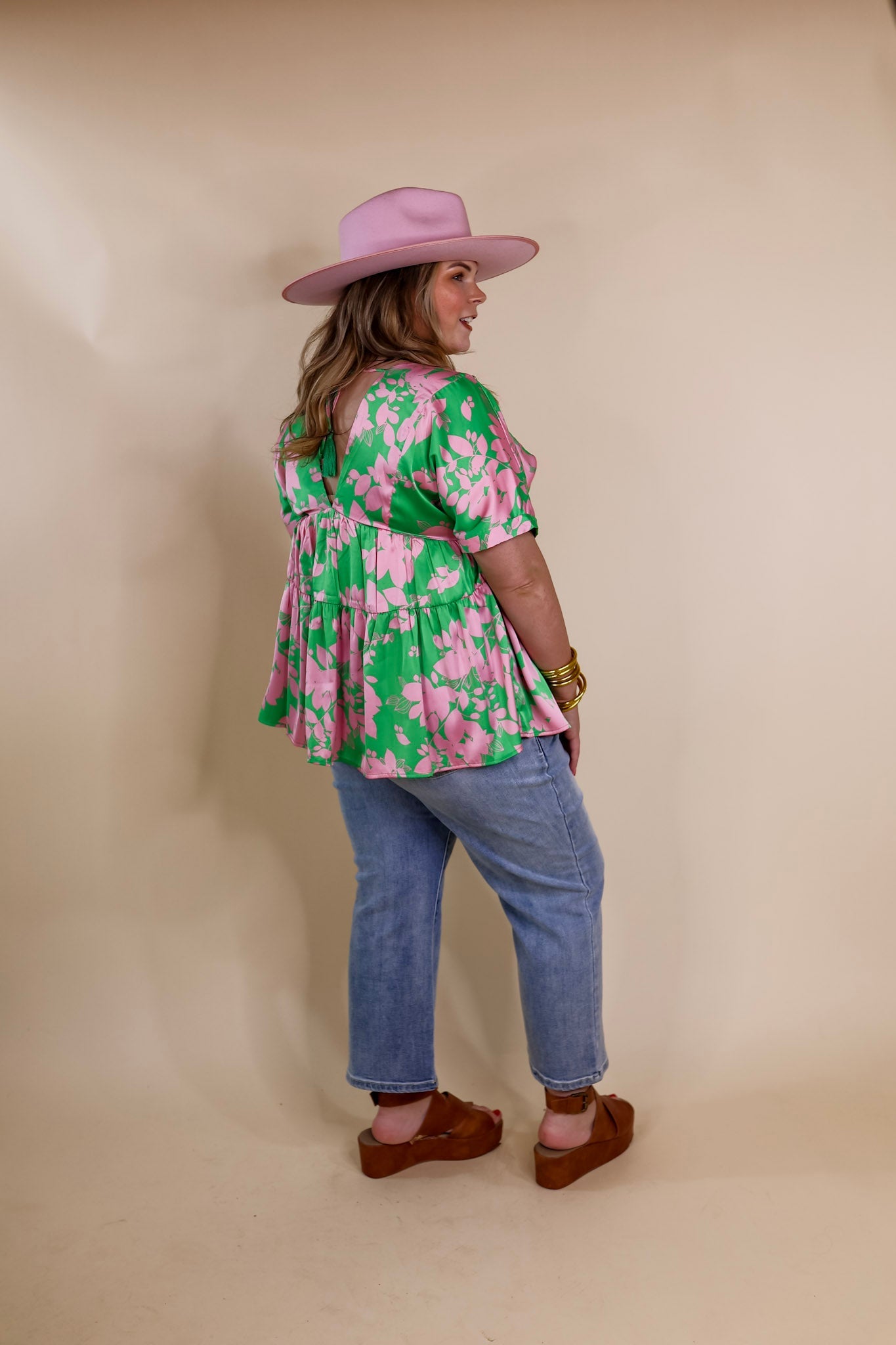 Merlot Meeting Floral Print V Neck Top in Green - Giddy Up Glamour Boutique