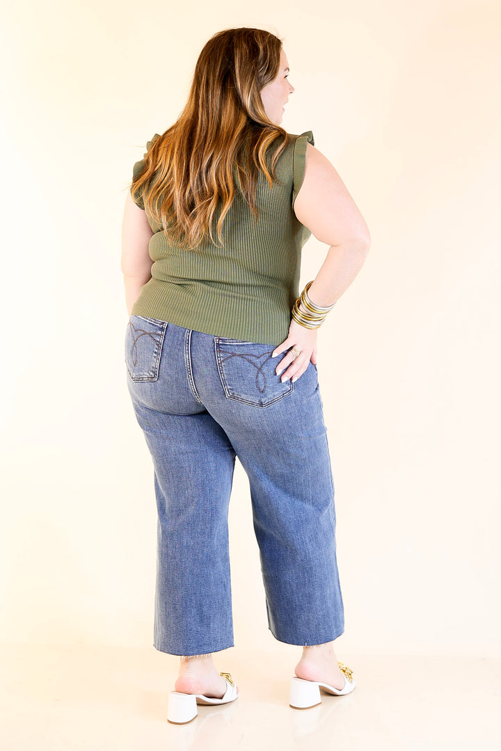 Flirty Frill Scoop Neck Top with Ruffle Sleeves in Olive Green