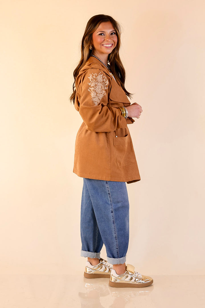 Fill Up Your Cup Embroidered Suede Utility Jacket in Tan