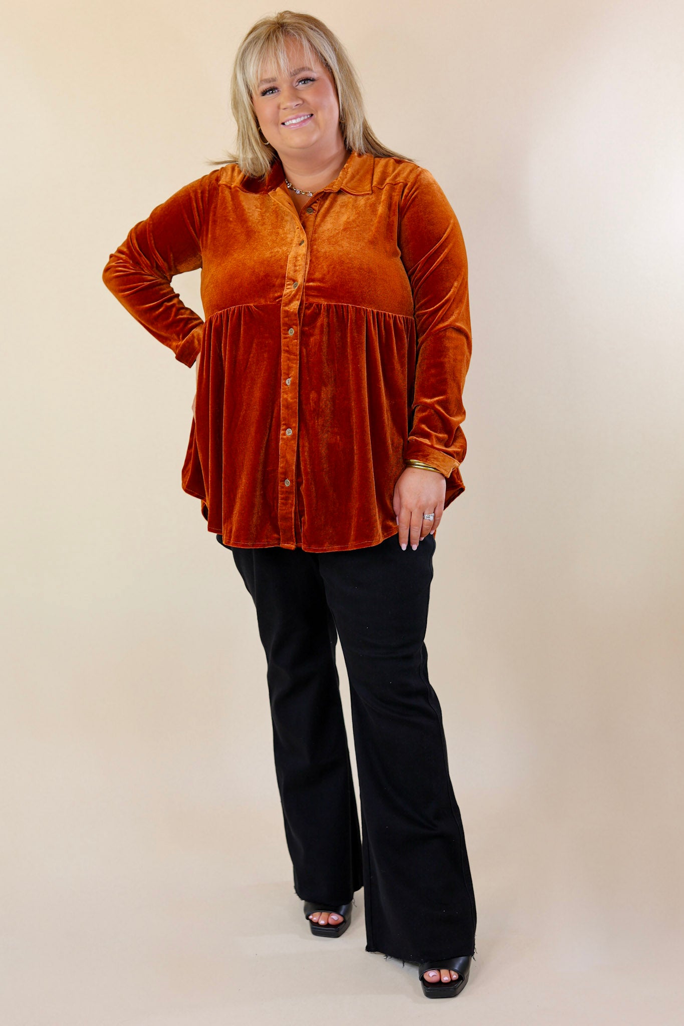 Call Me Yours Button Up Velvet Long Sleeve Babydoll Tunic Top in Burnt Orange - Giddy Up Glamour Boutique