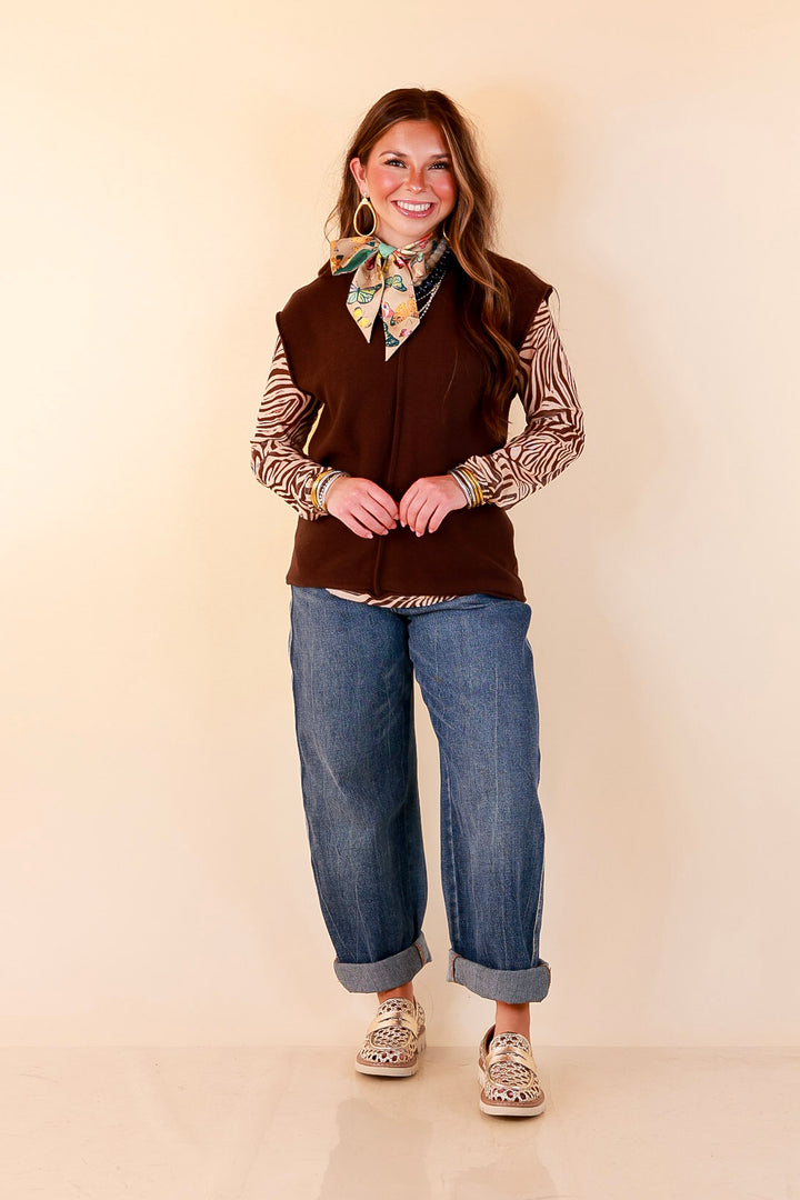 Always a Favorite Crew Neck Front Seam Sweater Knit Top in Chocolate Brown