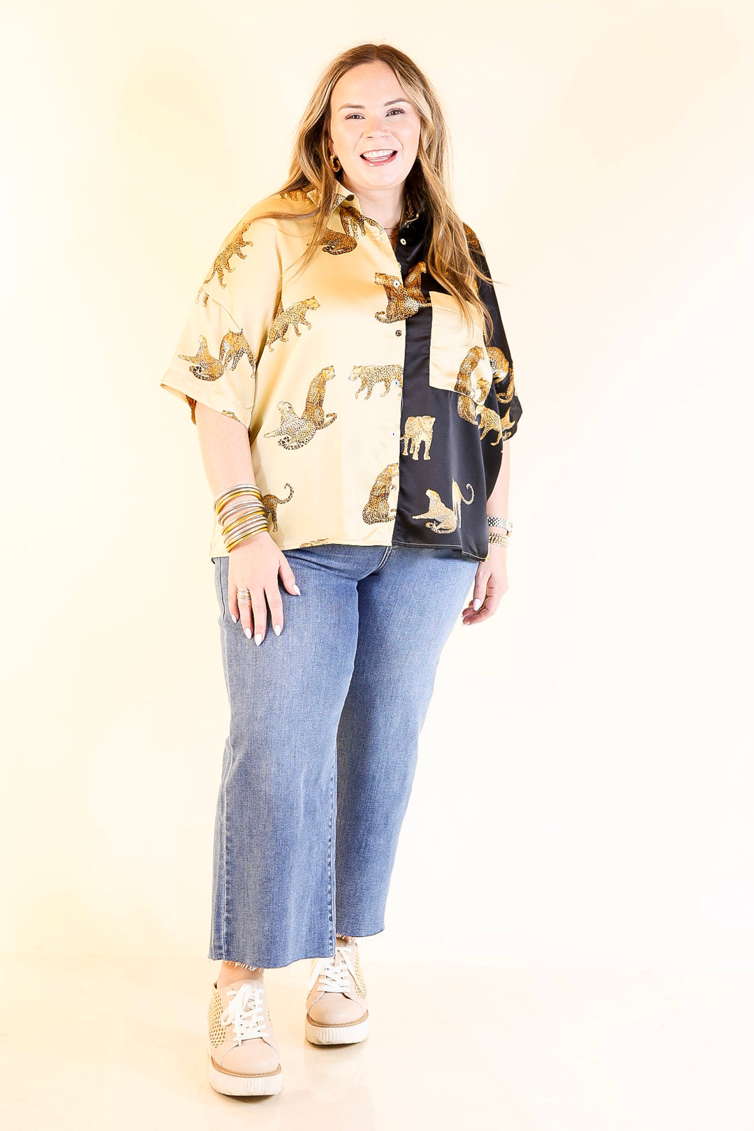 All Eyes On Me Button Up Cheetah Print Blouse Top in Black and Gold