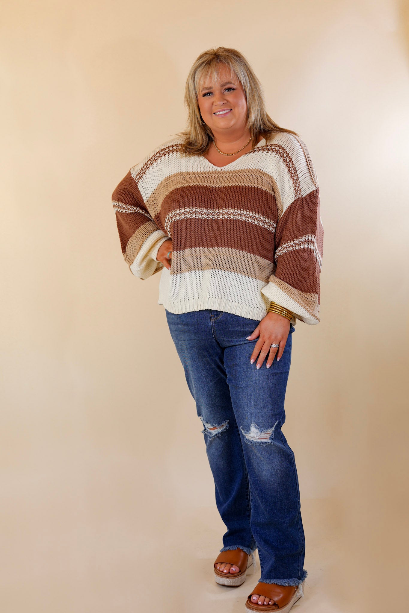 Cozy On Up Long Sleeve Striped Sweater in Brown Mix