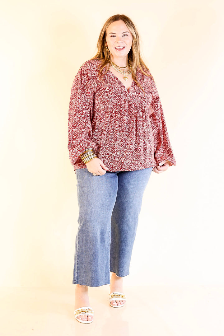 Really Dreamy Small Leopard Print Babydoll Top with Long Sleeves in Burgundy Red