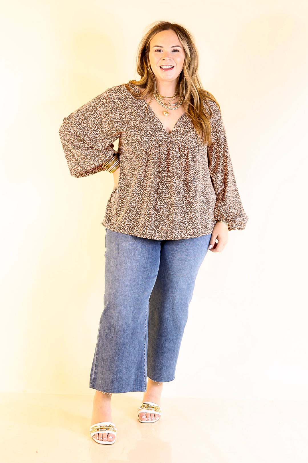 Really Dreamy Small Leopard Print Babydoll Top with Long Sleeves in Brown