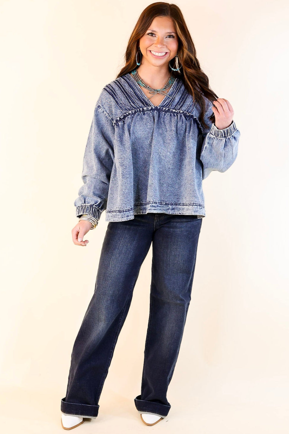 Western Soul Long Sleeve V Neck Denim Top in Medium Wash