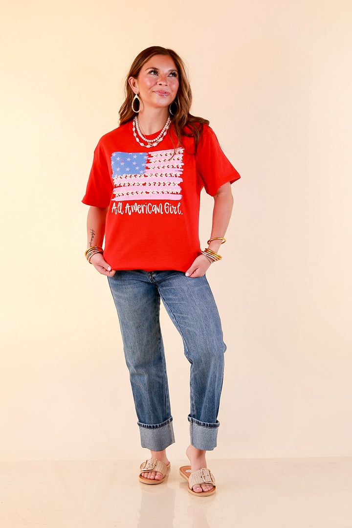 All American Darling USA Floral Flag Coquette Short Sleeve Graphic Tee with Bow Detailing in Red