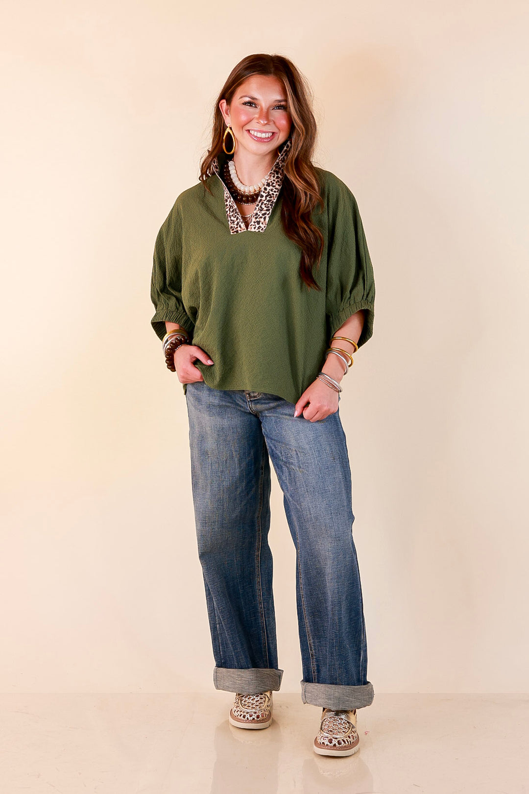 Naturally Chic Textured Poncho Top with Leopard Trim Details and Dolman Sleeves in Olive Green