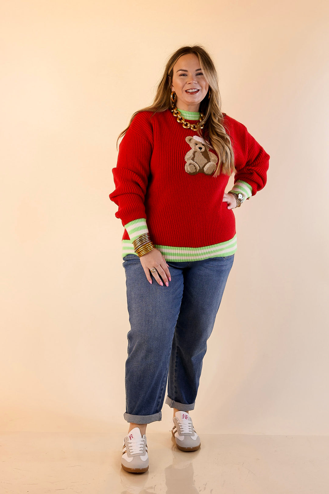 Simply Southern | Beary Merry Crewneck Sweater with Teddy Bear Graphic and Green Trim in Red