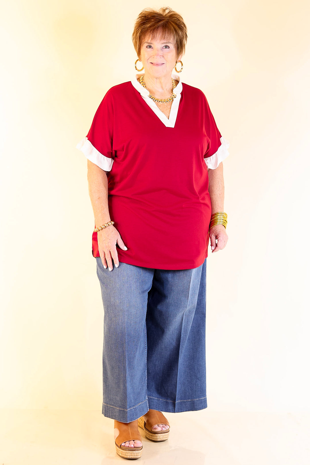 Power Play V Neck with Ruffle Short Sleeves and White Trim in Maroon