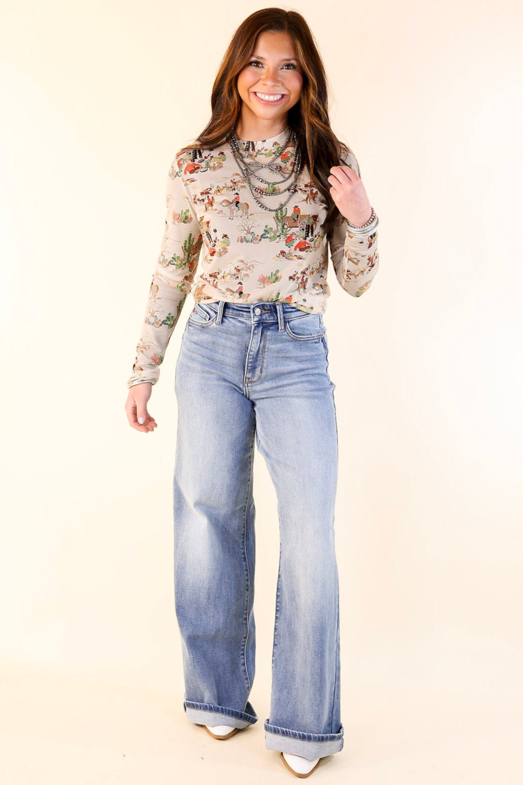 Western Dream Mesh Long Sleeve Top with Retro Western Print in Tan