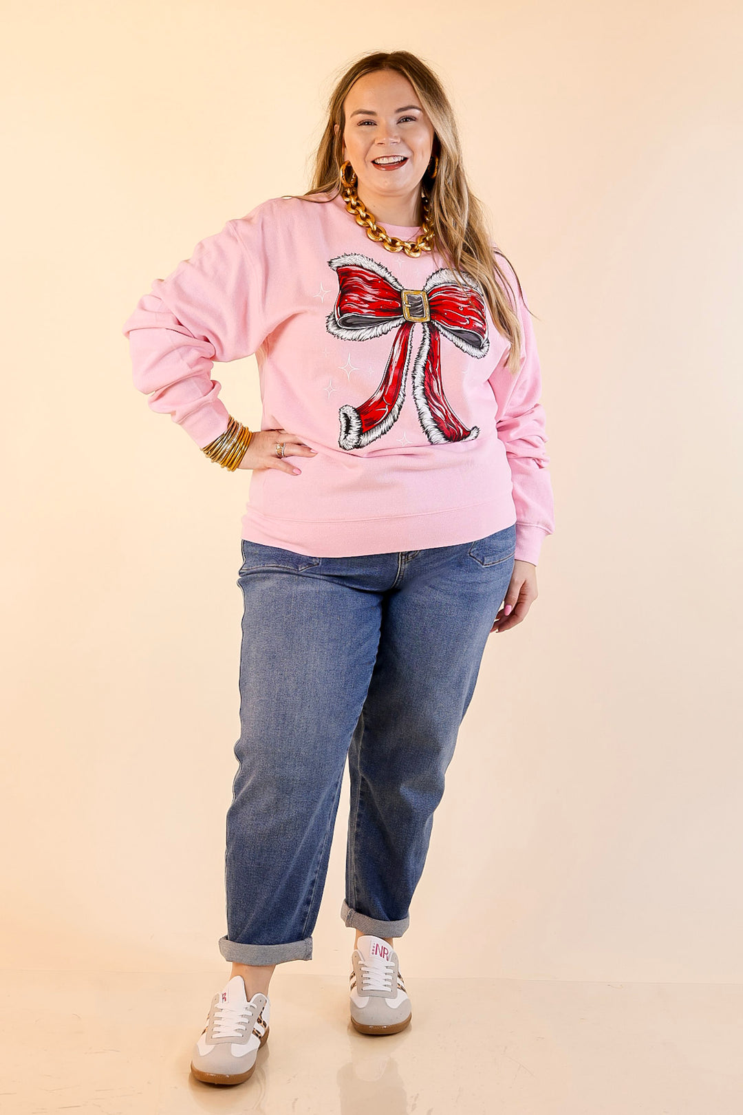 Simply Southern | Wrapped in Joy Santa's Suit Bow Graphic Crewneck Sweatshirt in Tutu Pink