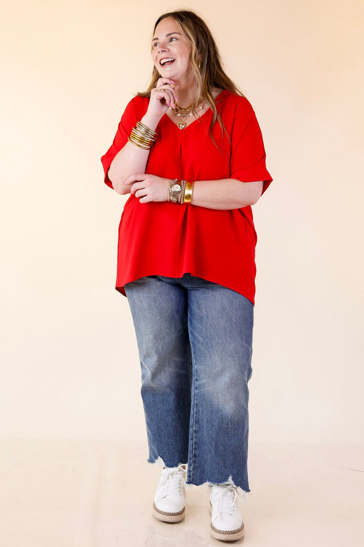 Classically Chic Short Sleeve V Neck Top in Red
