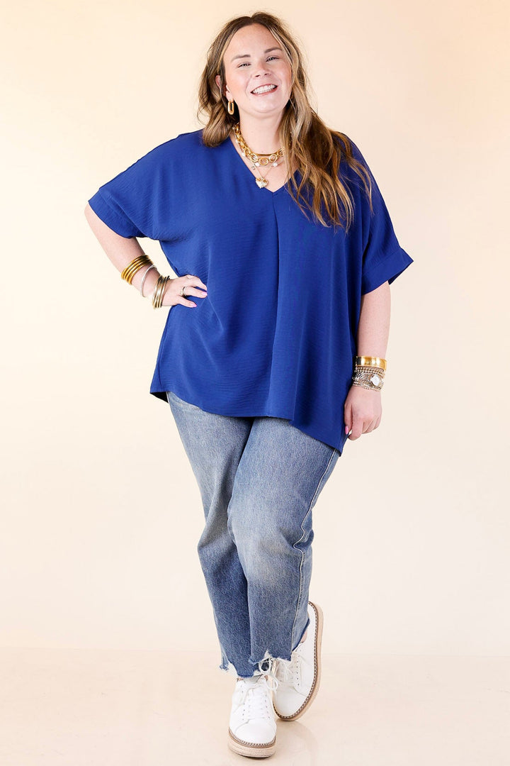 Classically Chic Short Sleeve V Neck Top in Navy