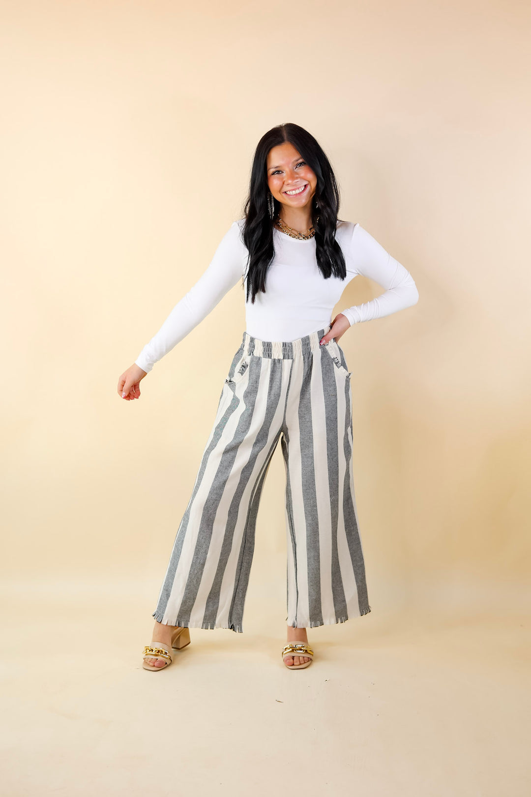 Right On Cue Elastic Waistband Striped Cropped Pants with Frayed Hem in Black - Giddy Up Glamour Boutique