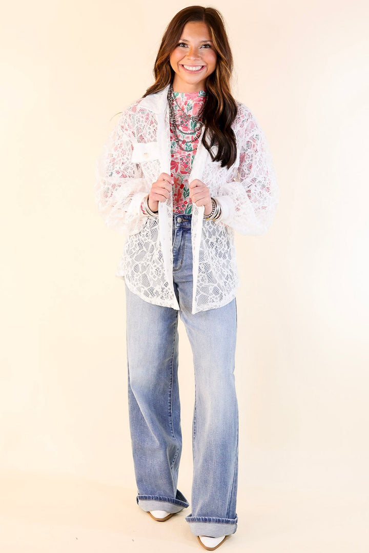 Sheer Chic Collared Button Up Lace Top in White