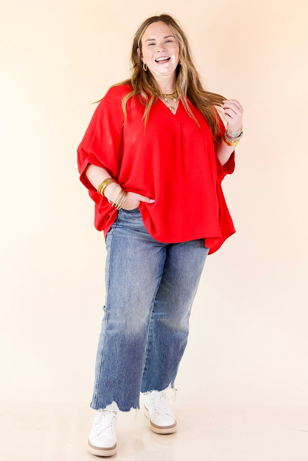 Elevated Basics V Neck Top with Half Sleeves in Ruby