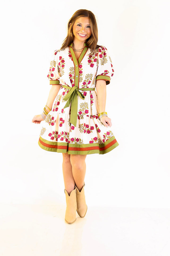 Garden Party Floral Dress with Dropped Skirt and Olive and Maroon Trim in Cream