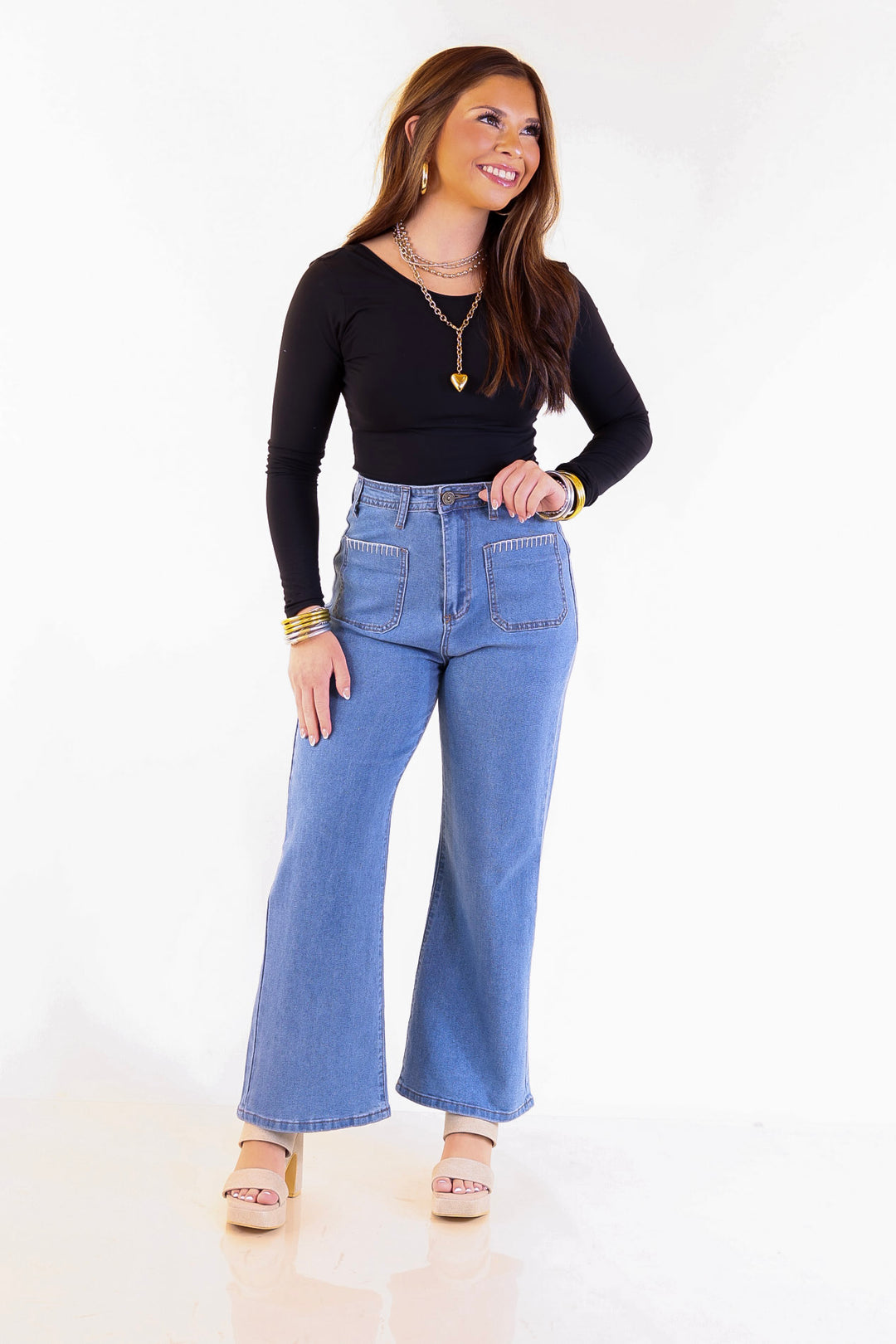 Patch Me In Denim Wide Leg Cropped Jean with Front Patch Pocket and Crochet Trim in Medium Wash