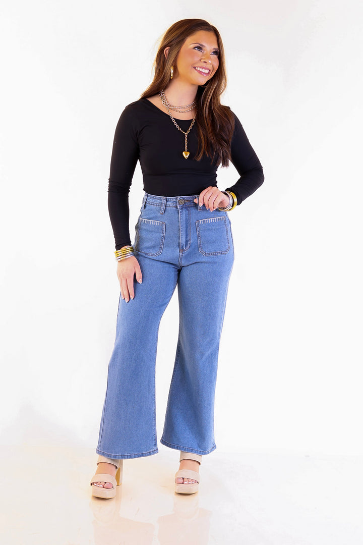 Patch Me In Denim Wide Leg Cropped Jean with Front Patch Pocket and Crochet Trim in Medium Wash