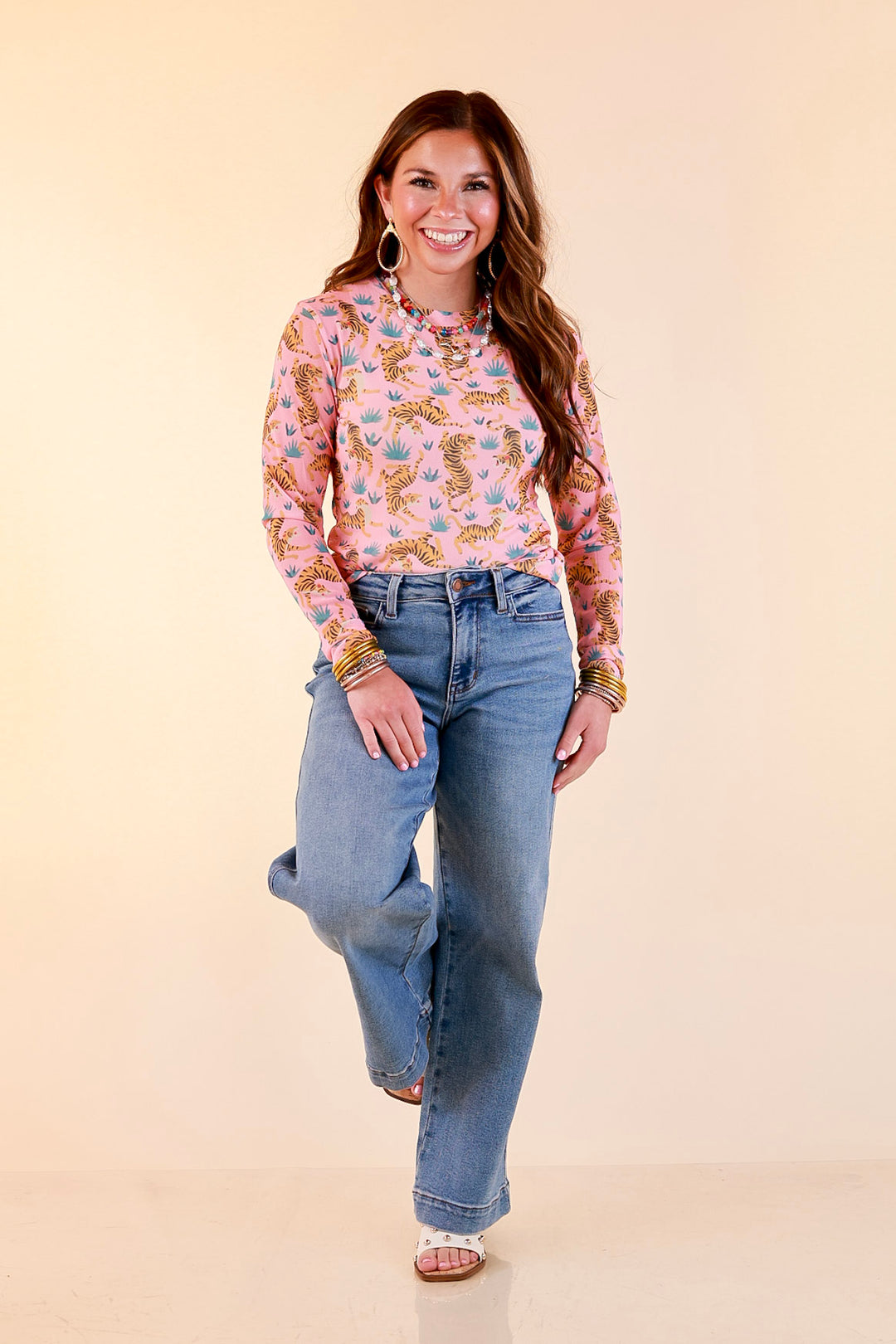 Western Dream Tiger and Floral Print Mesh Long Sleeve Top in Pink