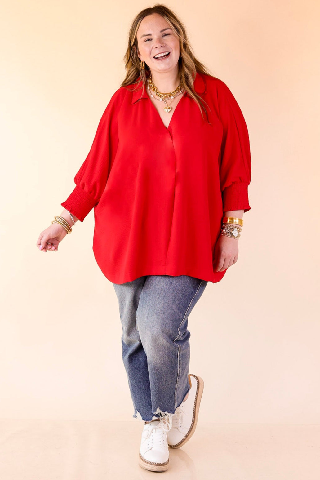 Spoken In Style Collared Blouse with Smoked Sleeve Band in Ruby