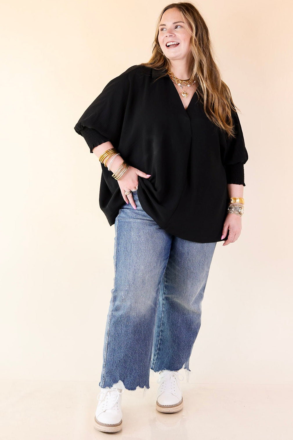 Spoken In Style Collared Blouse with Smoked Sleeve Band in Black