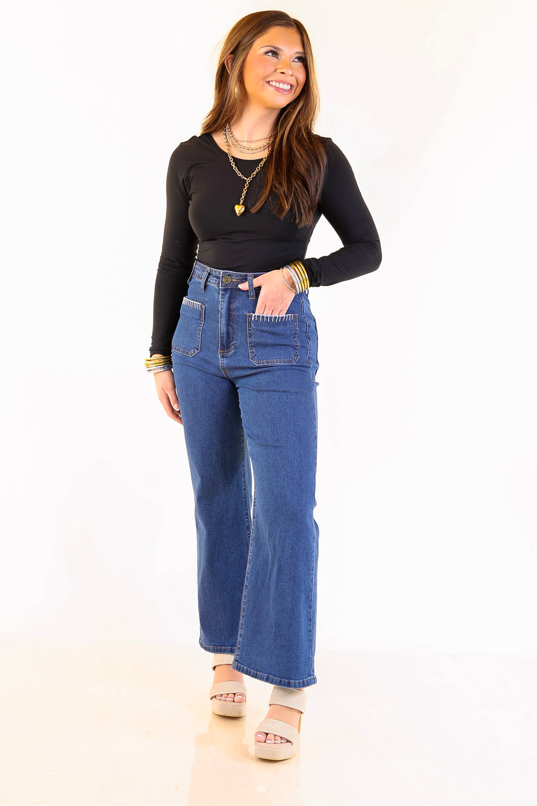 Patch Me In Denim Wide Leg Cropped Jean with Front Patch Pocket and Crochet Trim in Dark Wash