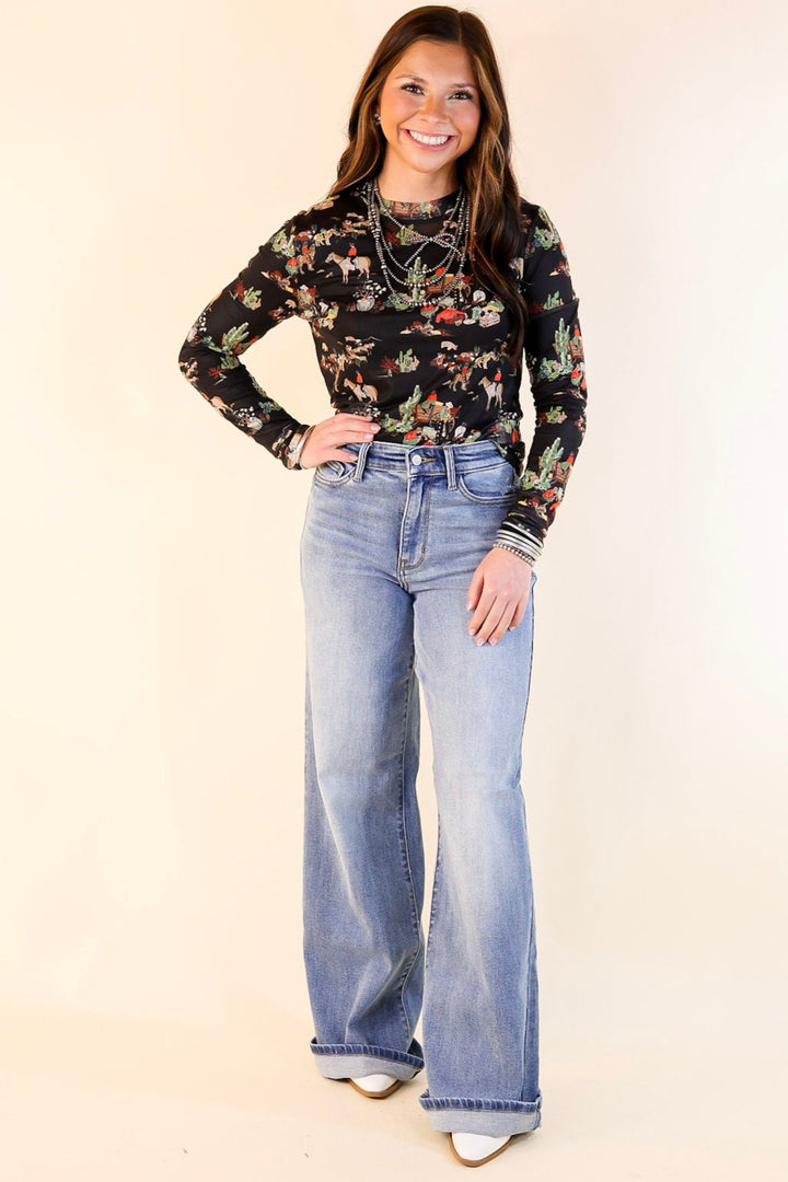 Western Dream Mesh Long Sleeve Top with Retro Western Print in Black