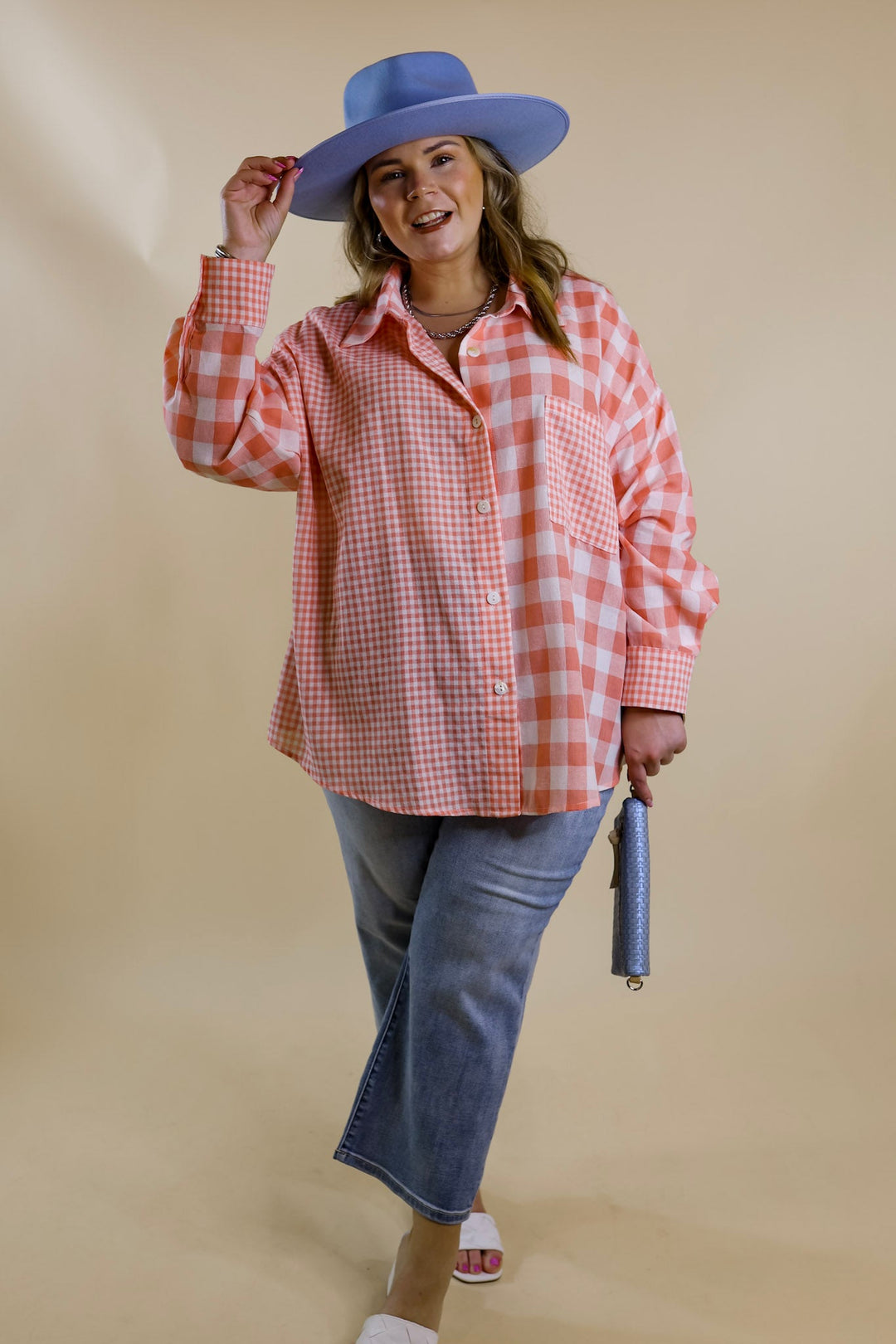 Waiting For You Mix Plaid Button Up Top in Coral Orange - Giddy Up Glamour Boutique