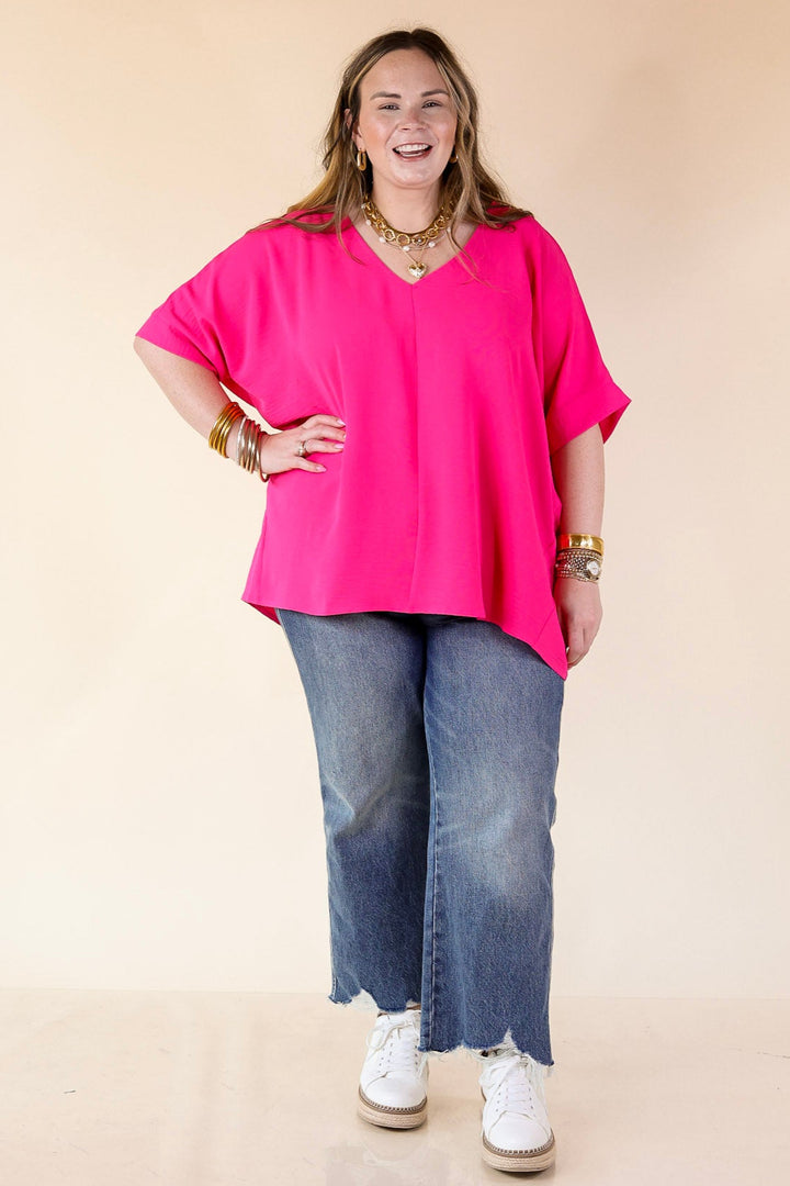 Classically Chic Short Sleeve V Neck Top in Hot Pink