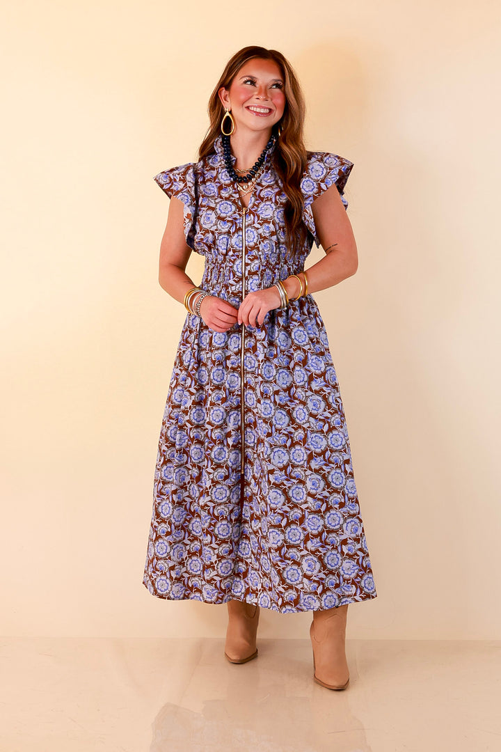 Modern Grace Zip Front Midi Floral Print Dress with Smocked Waist and Short Flutter Sleeves in Brown and Periwinkle Blue