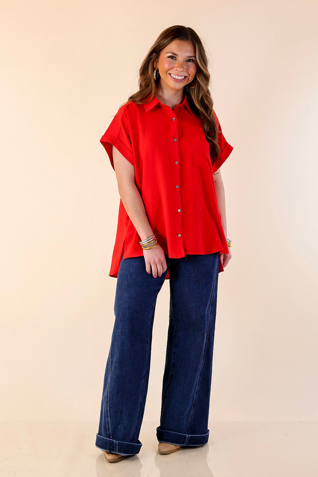 Timeless Appeal Collared Button Up Top in Red