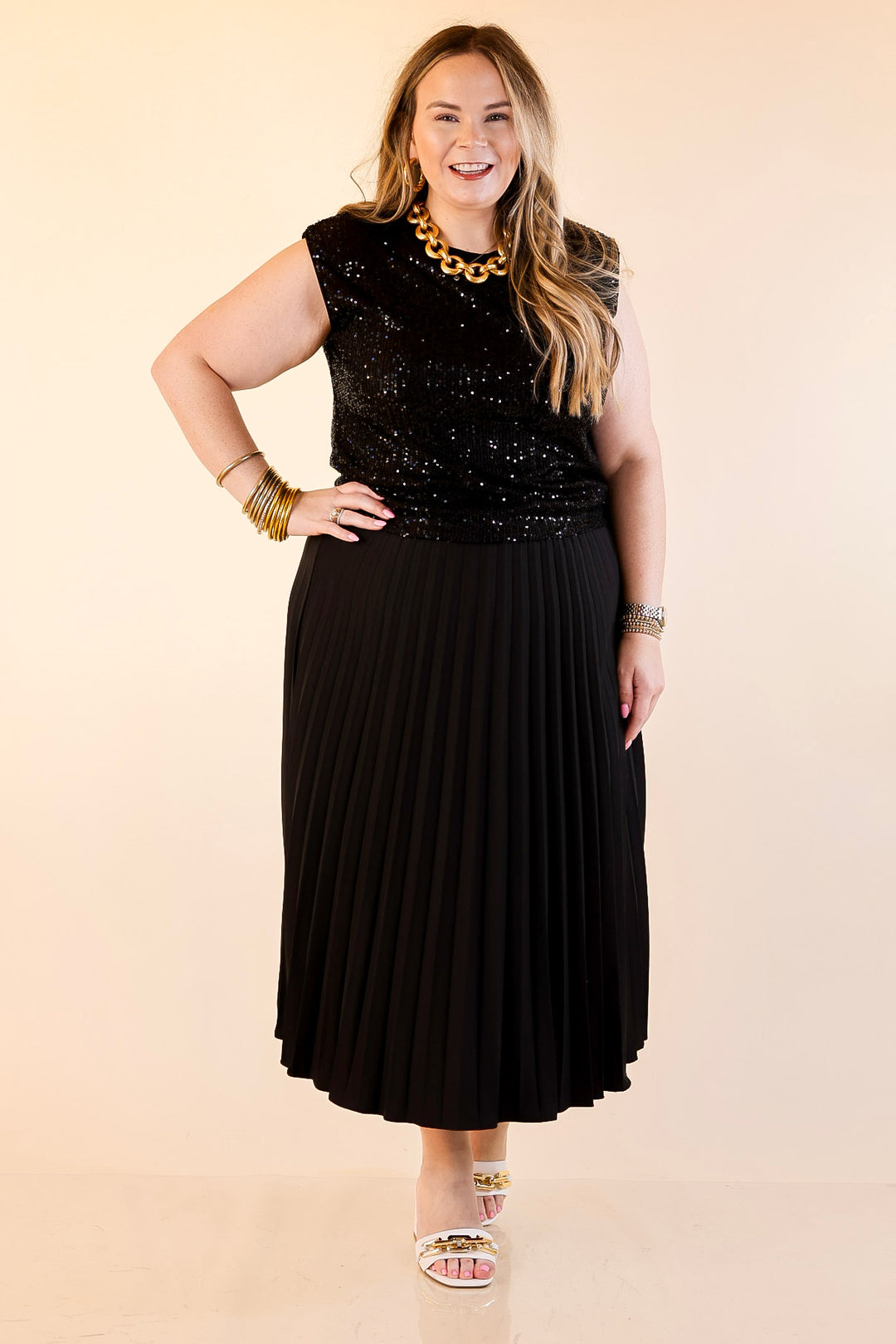 Sequin Sleek Sleeveless Dressy Sequin Top in Black