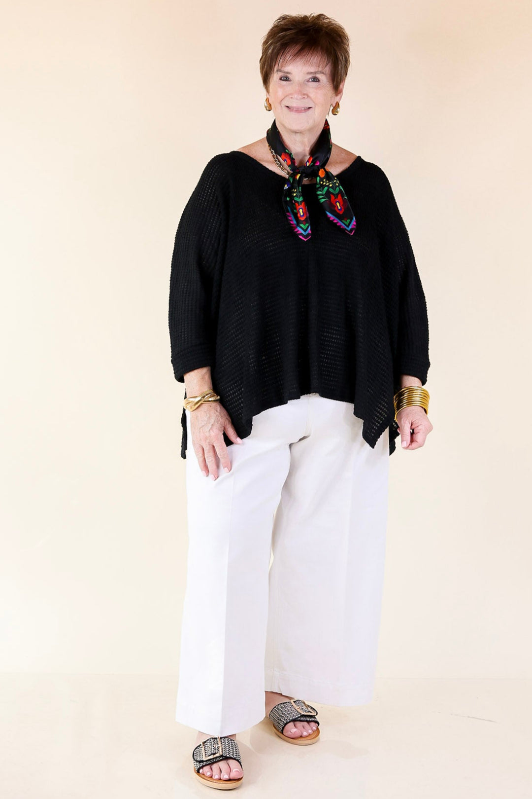 Breezy Intuition 3/4 Cuffed Sleeves Waffle Net Blouse In Black