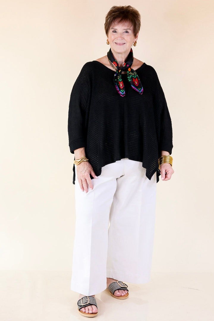 Breezy Intuition 3/4 Cuffed Sleeves Waffle Net Blouse In Black