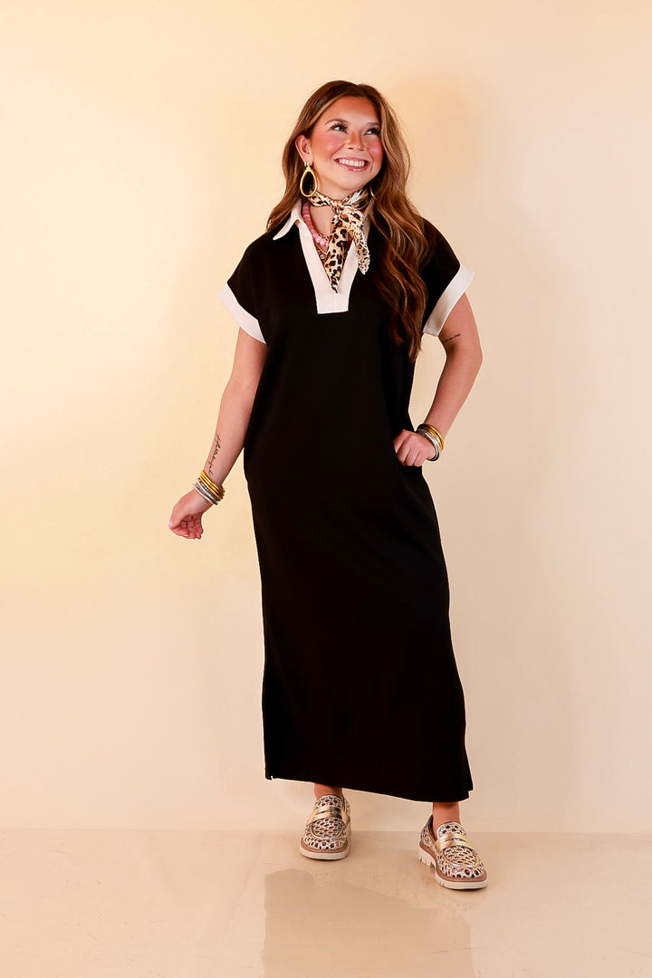 Park Avenue Solid Short Sleeve Knit Midi Dress with Ivory Trim in Black