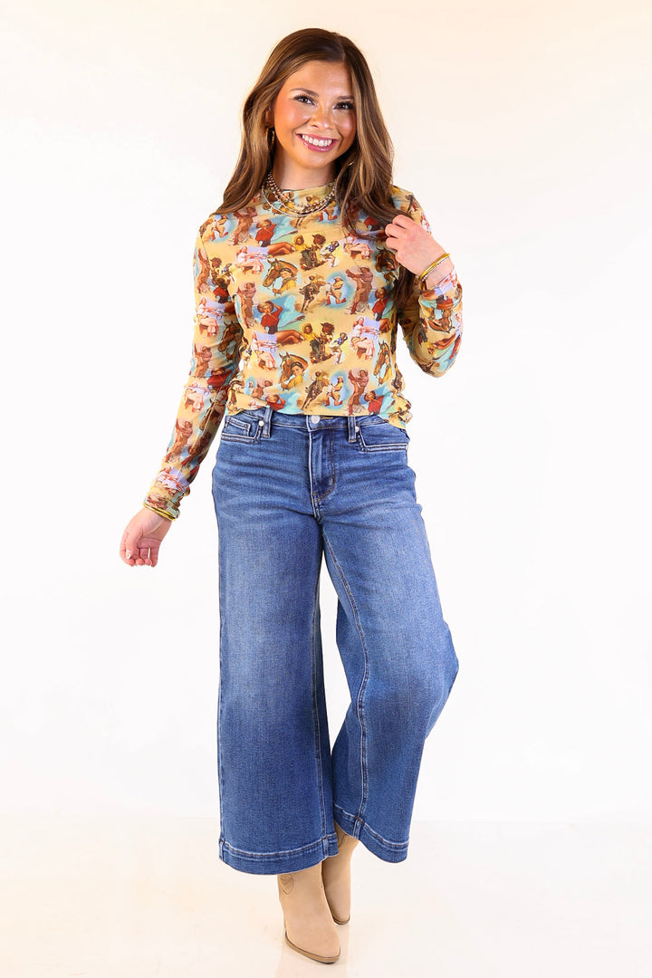 Western Dream Mesh Long Sleeve Top in Vintage Cowgirl Print